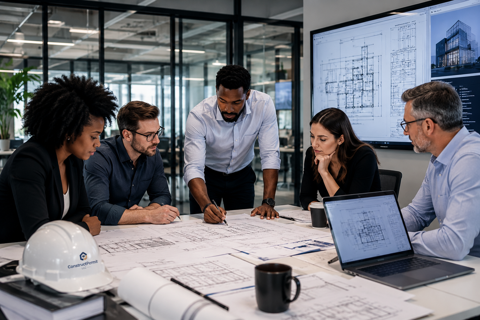 Engineers reviewing blueprints